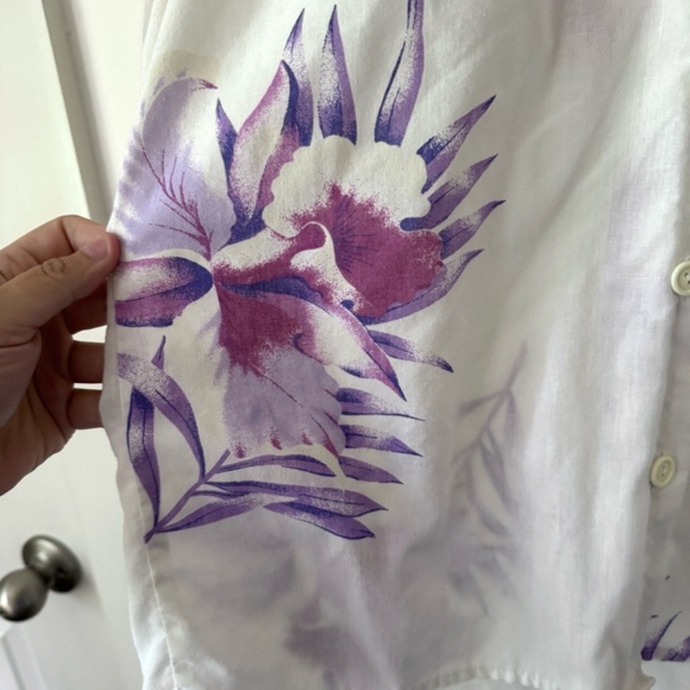 Vintage Tropical‎ Floral Top Womens L Purple Summer Retro Vacation Cali Indie - Picture 3 of 6